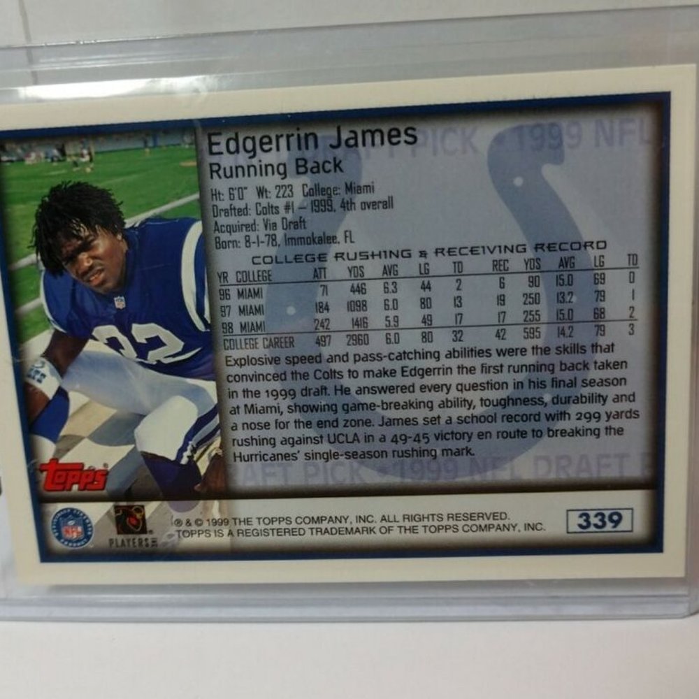 3/$25📌🏈🏈1999 Topps #339 Edgerrin James Indianapolis Colts RC Rookie GQ HOF - Picture 2 of 6